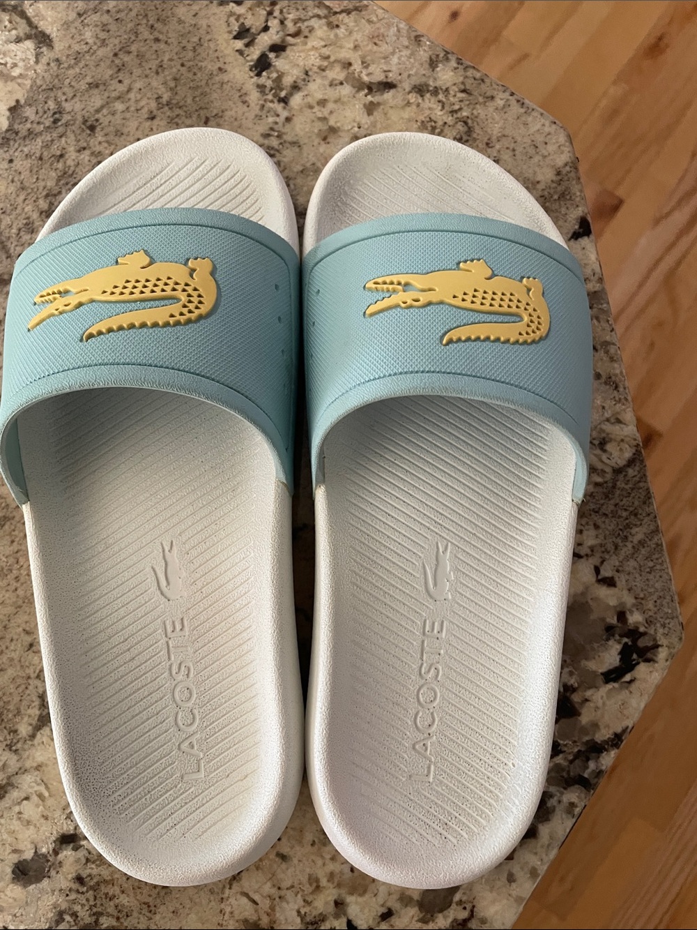 EUC Lacoste Light Blue & White Slide Sandals with Gold Croc